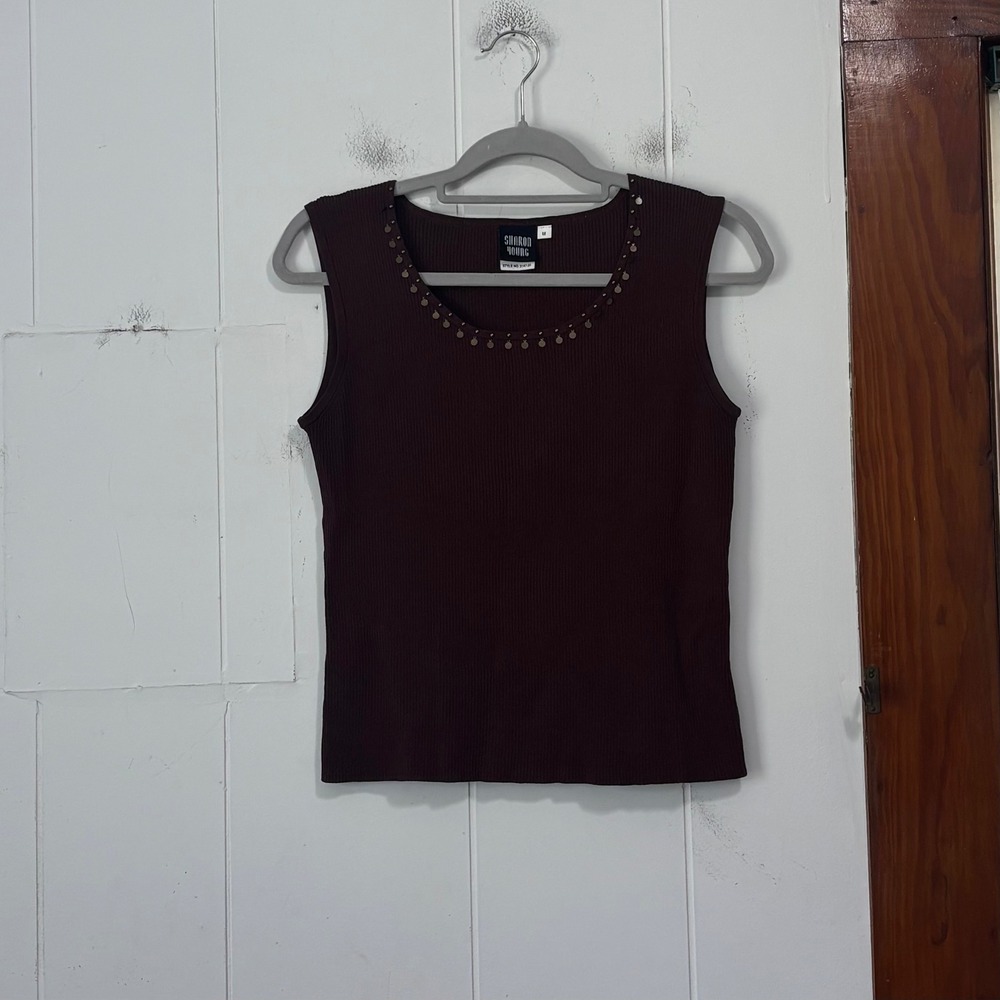 Y2K Sharon Young Womens Brown Ribbed Sleeveless‎ Studded Knit Top M
